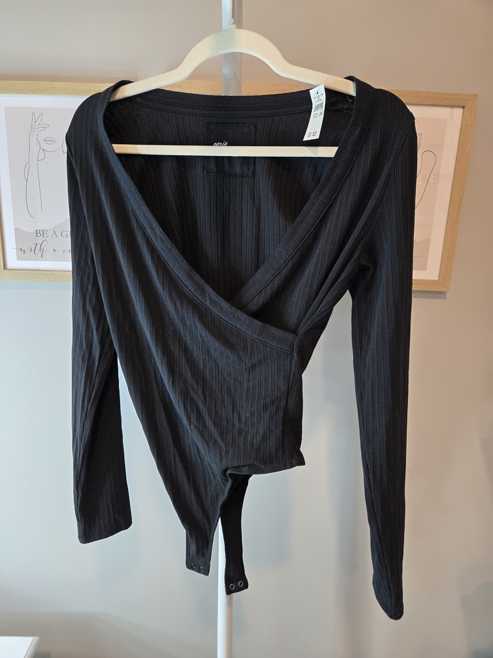 NWT aerie Black Ribbed Wrap-Front Long-Sleeve Bodysuit
